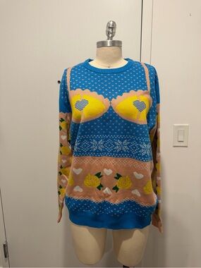 Hulu Blue and Pink Patterned Heart & Rose Sweater